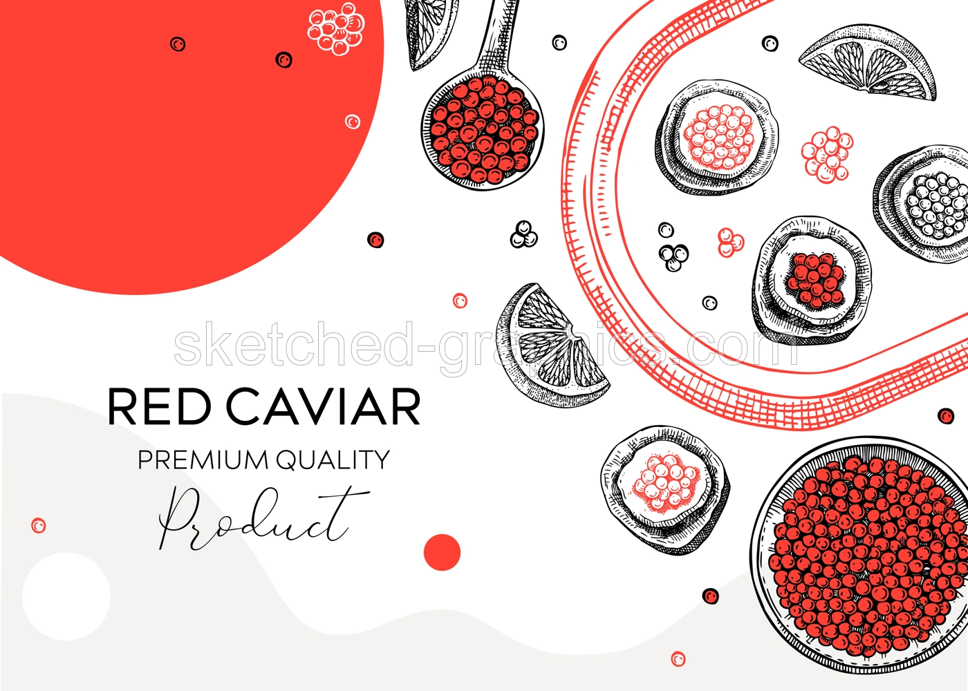 Seafood delicacy banner in collage style for restaurant menu design. Hand-drawn tray with canned caviar, red caviar canape, lemons and spices illustrations. Finger food sketched background Illustration